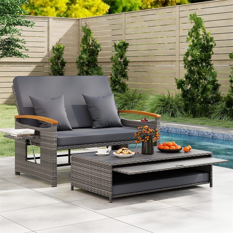 Patio Rattan Daybed with Adjustable Backrest, 2-Person Outdoor Wicker Loveseat with Storage Ottoman - Product image 46