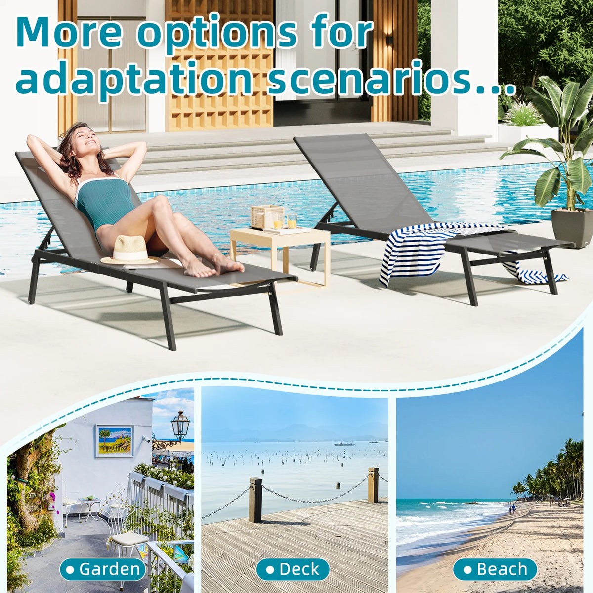 AECOJOY Patio Lounge Chairs, Outdoor Chaise Lounge with Wheels, Dark Grey - Product image 4