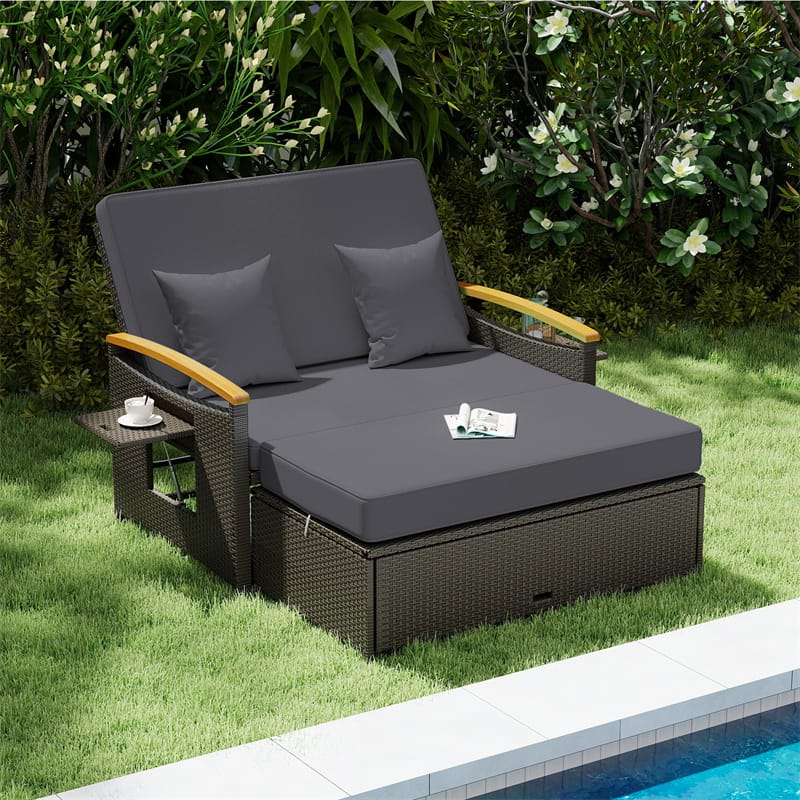 Patio Rattan Daybed with Adjustable Backrest, 2-Person Outdoor Wicker Loveseat with Storage Ottoman - Product image 15
