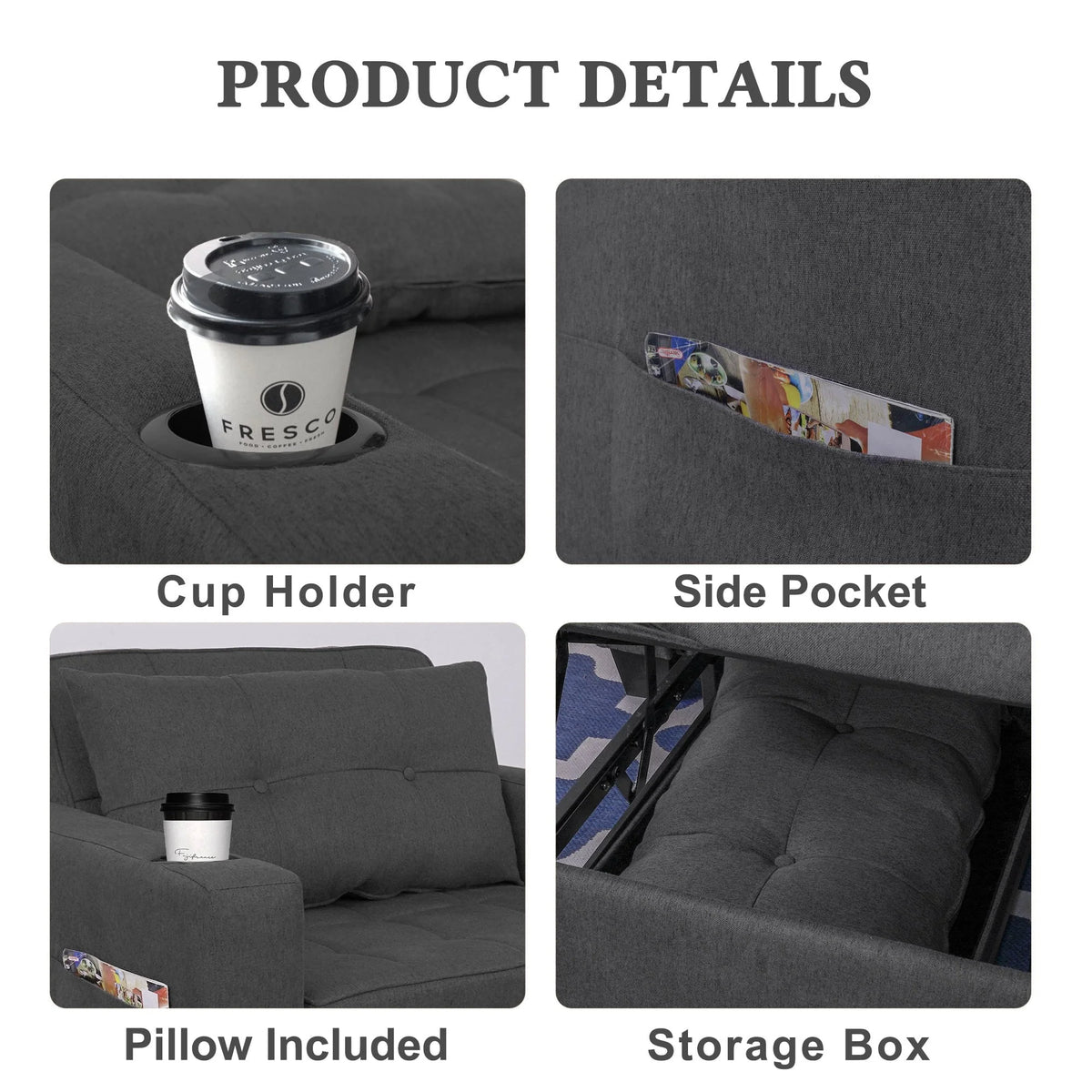 DURASPACE 3 in 1 Convertible Sleeper Chair Bed with Usb Port, Linen Pull Out Chair Indoor, Dark Gray - Product image 6