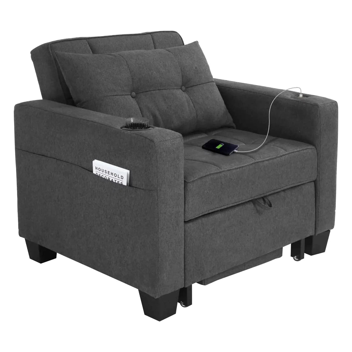 DURASPACE 3 in 1 Convertible Sleeper Chair Bed with Usb Port, Linen Pull Out Chair Indoor, Dark Gray - Product image 10