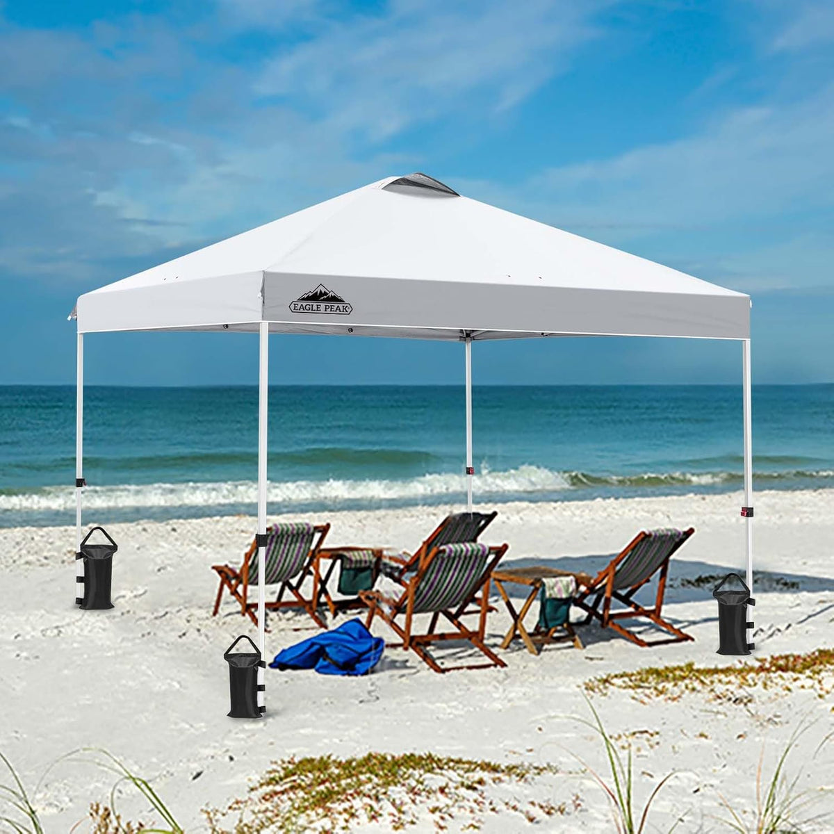 EAGLE PEAK Pop-up Foldable Garden Gazebo 3x3m, Folding Tent with Straight Legs Adjustable Height Awning for Camping Beach Festival with Wheeled Bag (White)