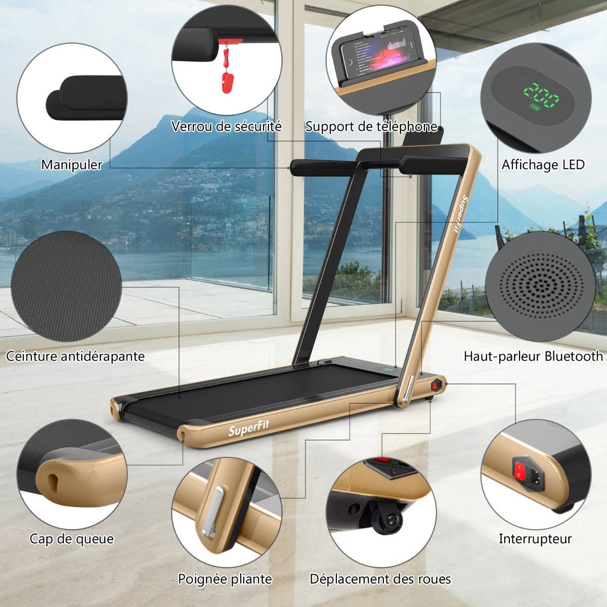 2 in 1 Foldable Electric Treadmill 1 to 12 Km/H with Bluetooth Speaker Remote Control 0.75HP Motor Green/White/Black/Red/Gold/Black and Silver/Blue -