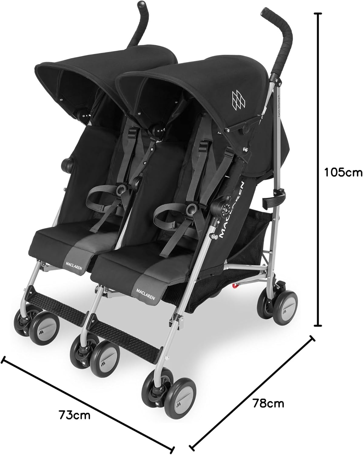 Maclaren Twin Triumph double stroller (6 months, up to 15 kg, one child per seat), lightweight and compact, UPF 50+ extendable hood with rain cover - Black/Anthracite