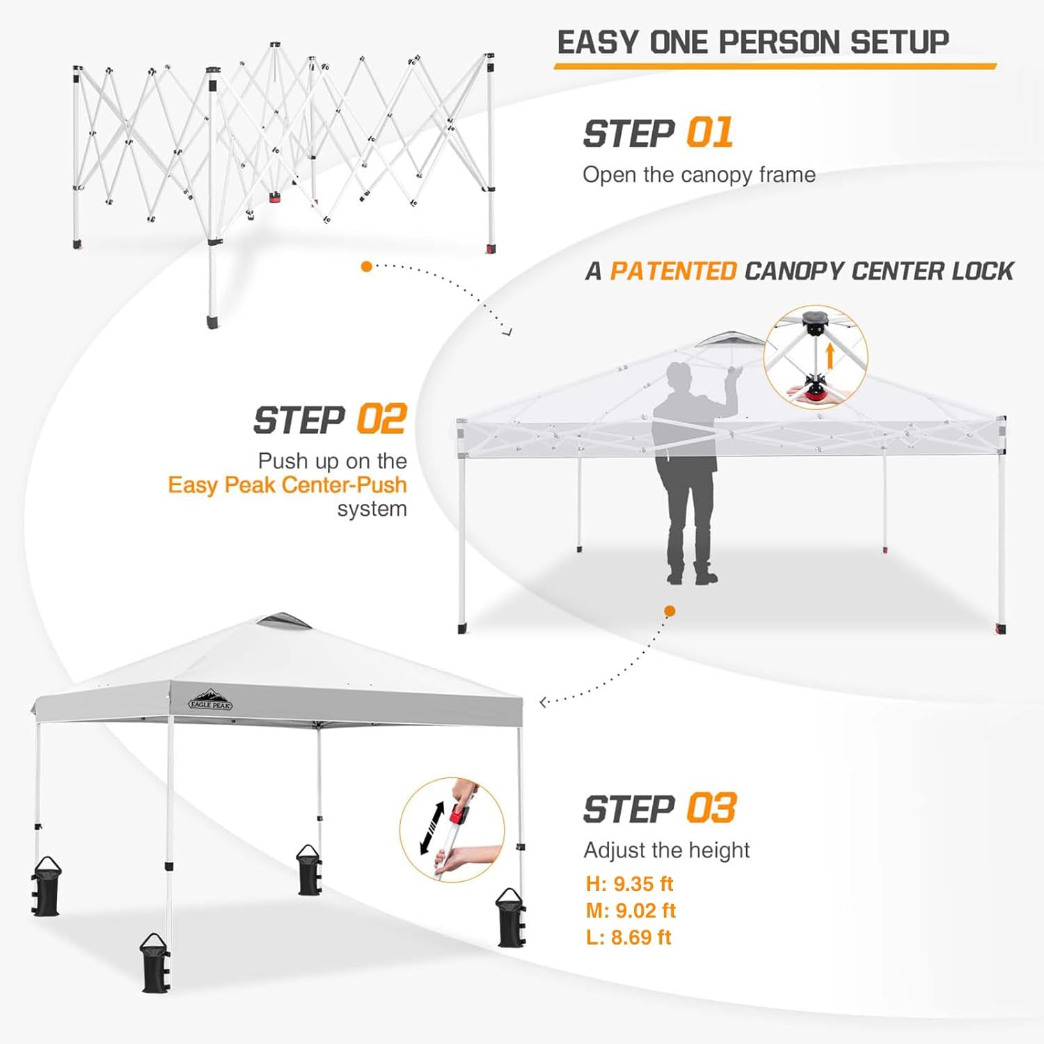 EAGLE PEAK Pop-up Foldable Garden Gazebo 3x3m, Folding Tent with Straight Legs Adjustable Height Awning for Camping Beach Festival with Wheeled Bag (White)