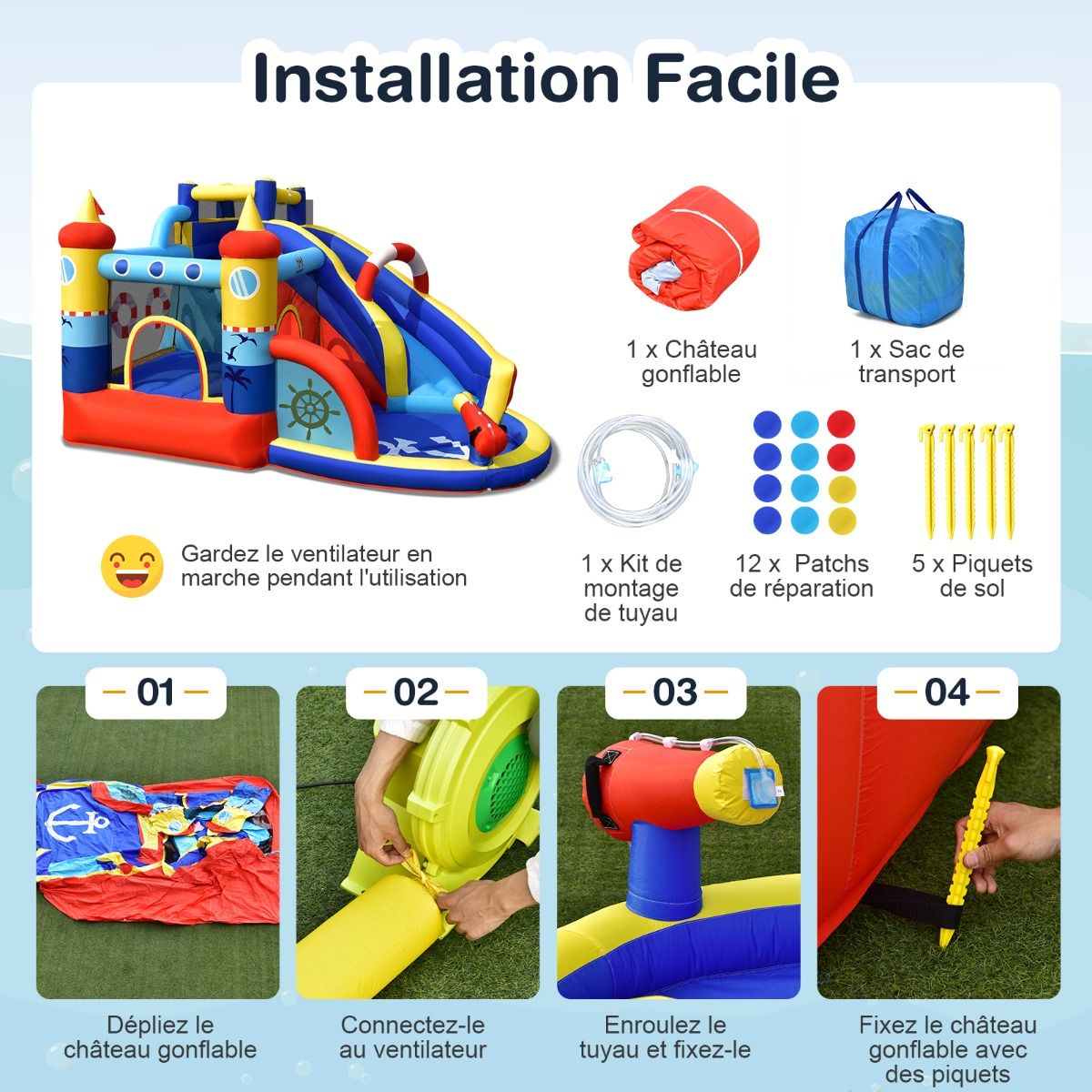 Boat Style Inflatable Castle with Curved Slide Jump Zone Climbing Wall Inflator Not Included -