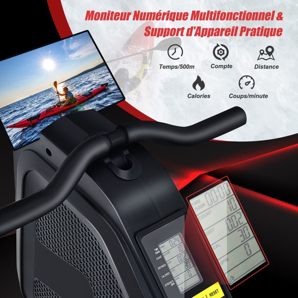 Magnetic Rowing Machine 8-Level Resistance Foldable 2 Flexible Wheels Aluminum Sliding Rail LCD Screen Device Support -