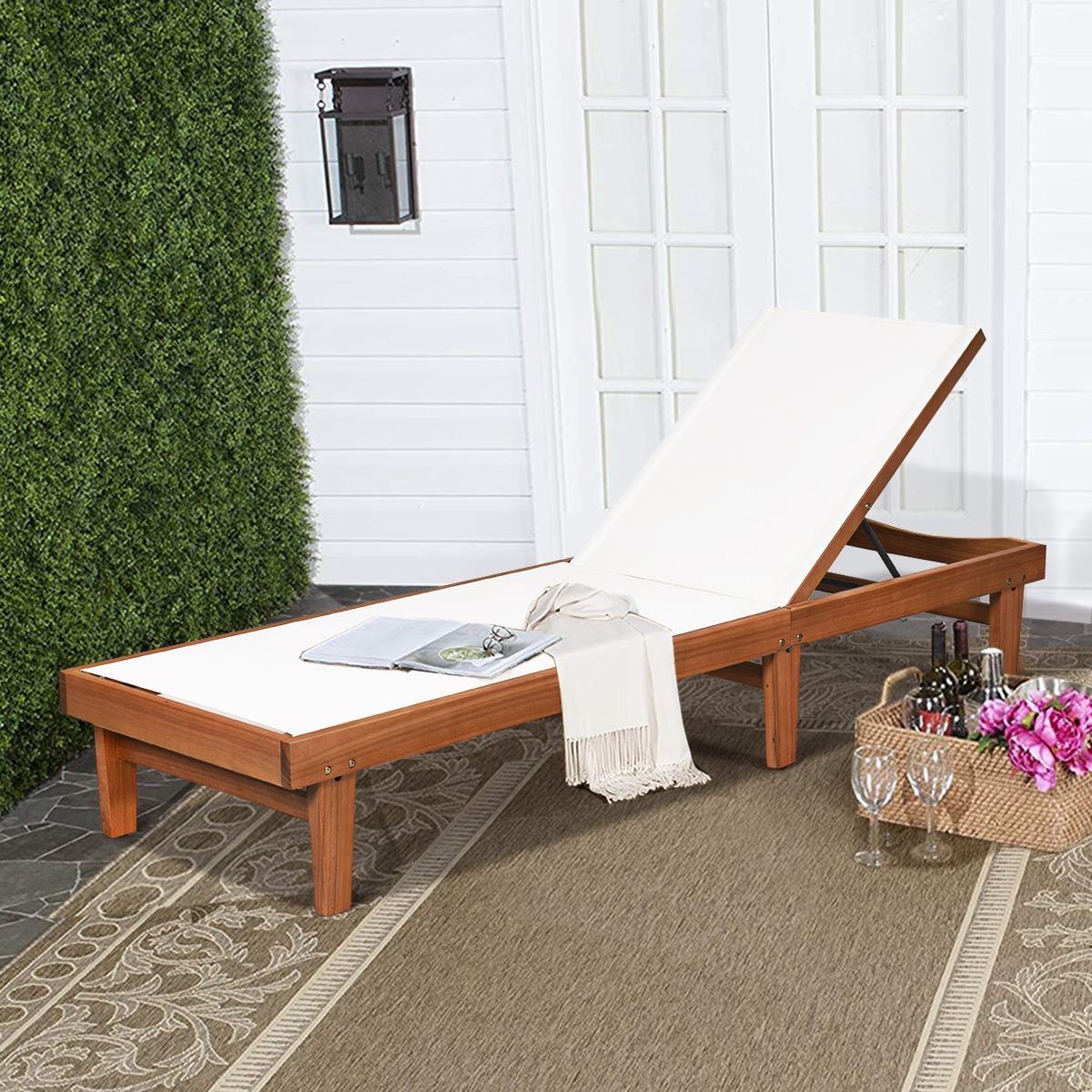 Garden Deck Chair Reclining Backrest in Eucalyptus Wood Breathable Fabric for Patio Veranda Swimming Pool Load 180KG -