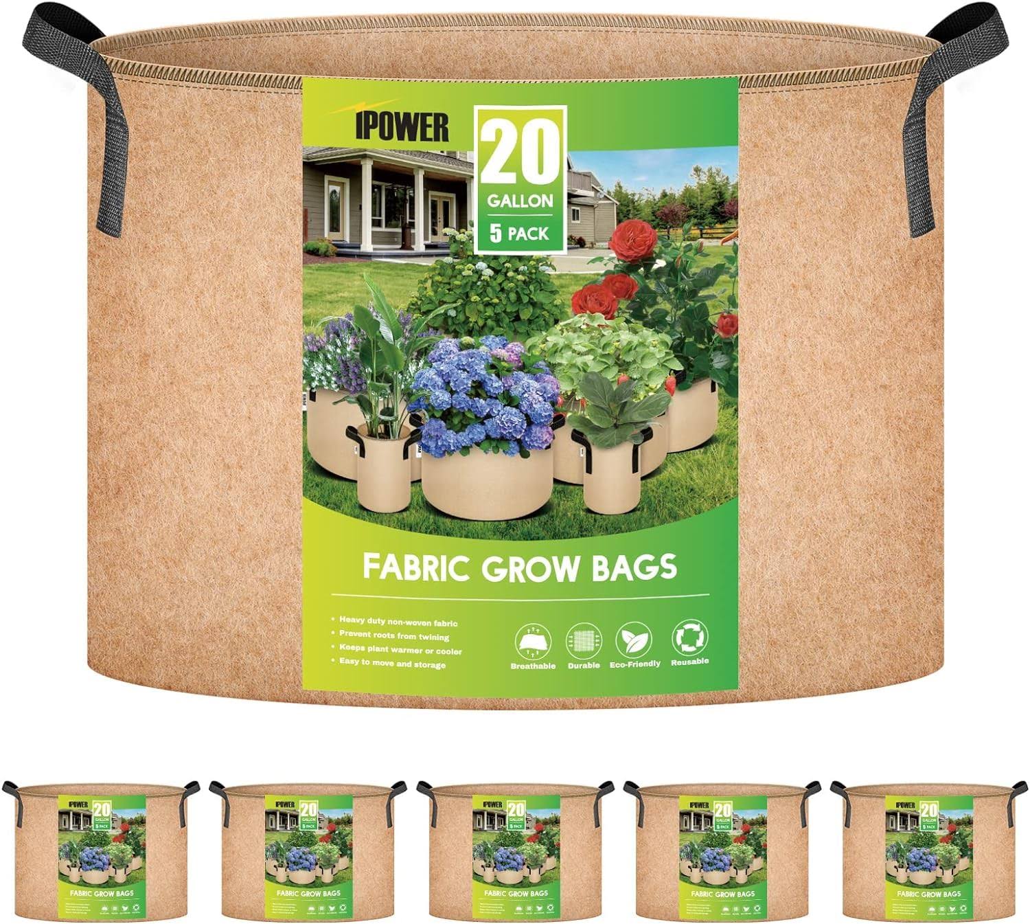 iPower 20-Gallon 5-Pack Grow Bags Fabric Aeration Pots Container with Strap Handles for Nursery Garden and - Product image 1
