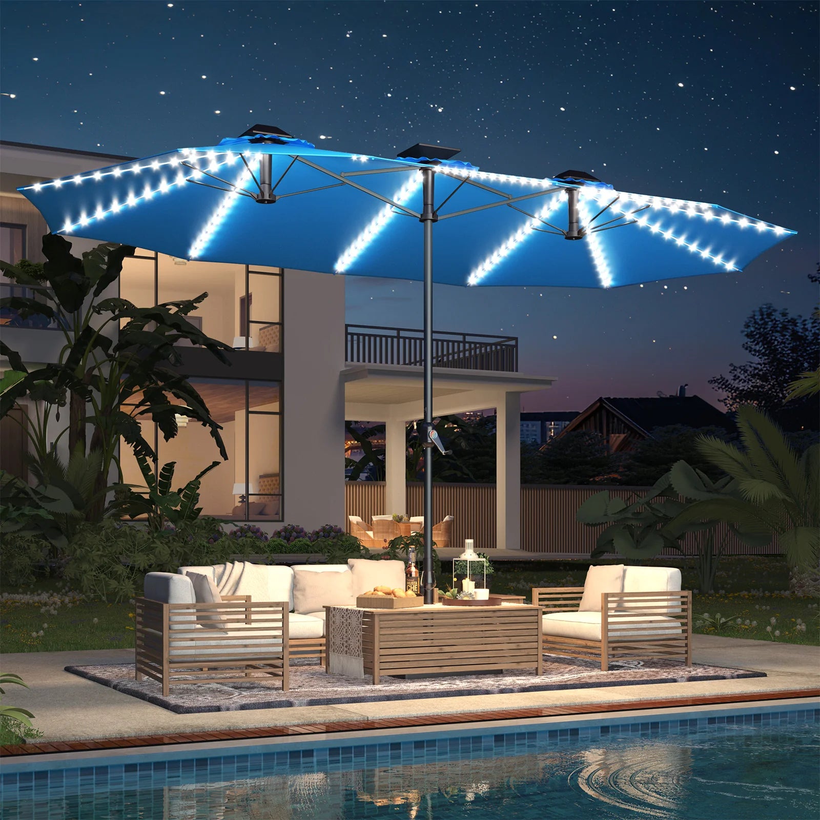 AECOJOY 15ft Patio Double-Sided Umbrella, 156 PCS Solar LED Light Outdoor Large Umbrella, Sky Blue - Product image 9