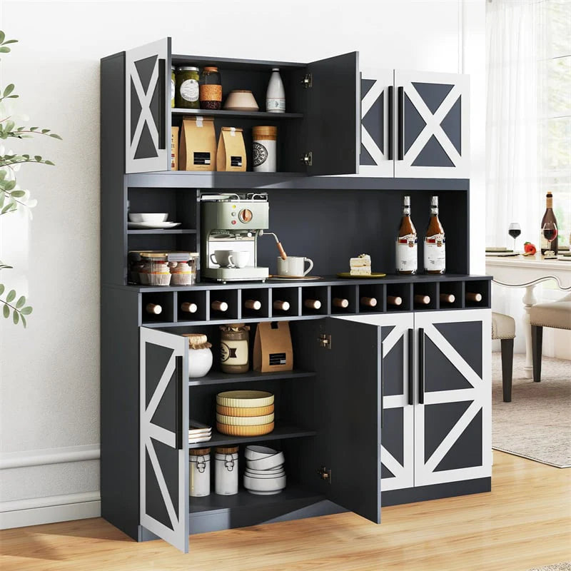 70" Farmhouse Pantry Cabinet, Kitchen Buffet Hutch with 12-Bottle Wine Rack, 8-Door Storage Cupboard - Product image 4