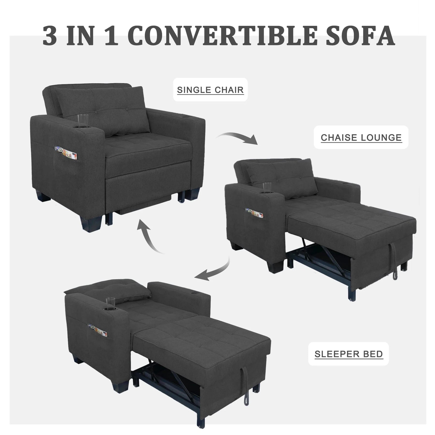 DURASPACE 3 in 1 Convertible Sleeper Chair Bed with Usb Port, Linen Pull Out Chair Indoor, Dark Gray - Product image 2
