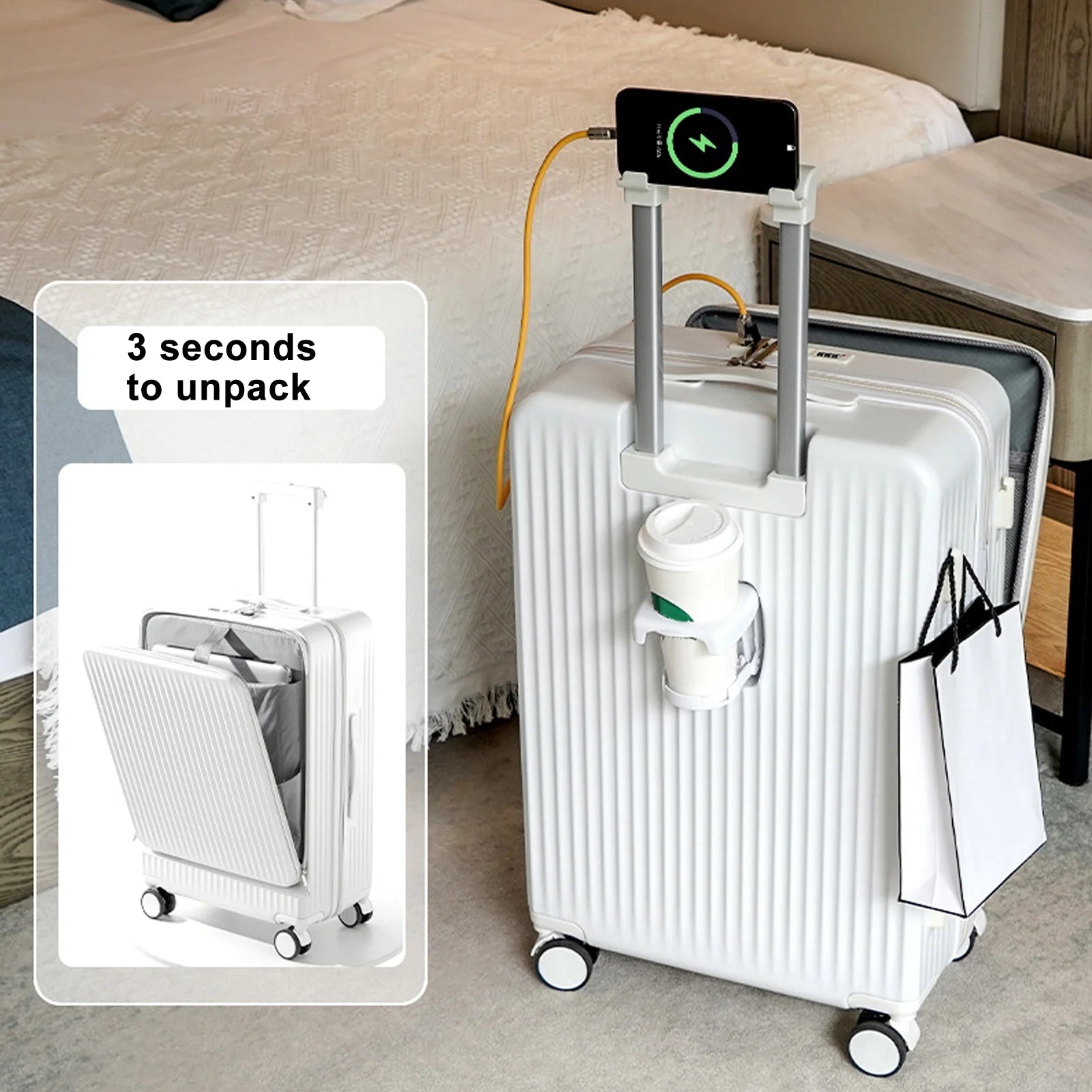 24 in Checked Luggage with Front Pocket, USB Charging Port, Built - in Lock Carry on Suitcase, Cup Holder and Phone Holder, Medium Hardside Suitcase with Spinner Wheels, White