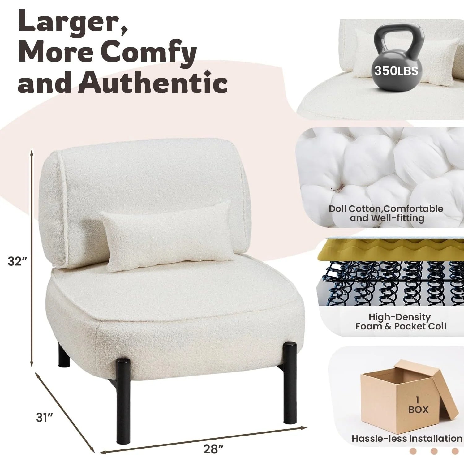 AECOJOY Mid Century Modern Accent Chair, Extra Large Teddy Upholstered Lounge Chair with Pillow - Product image 3