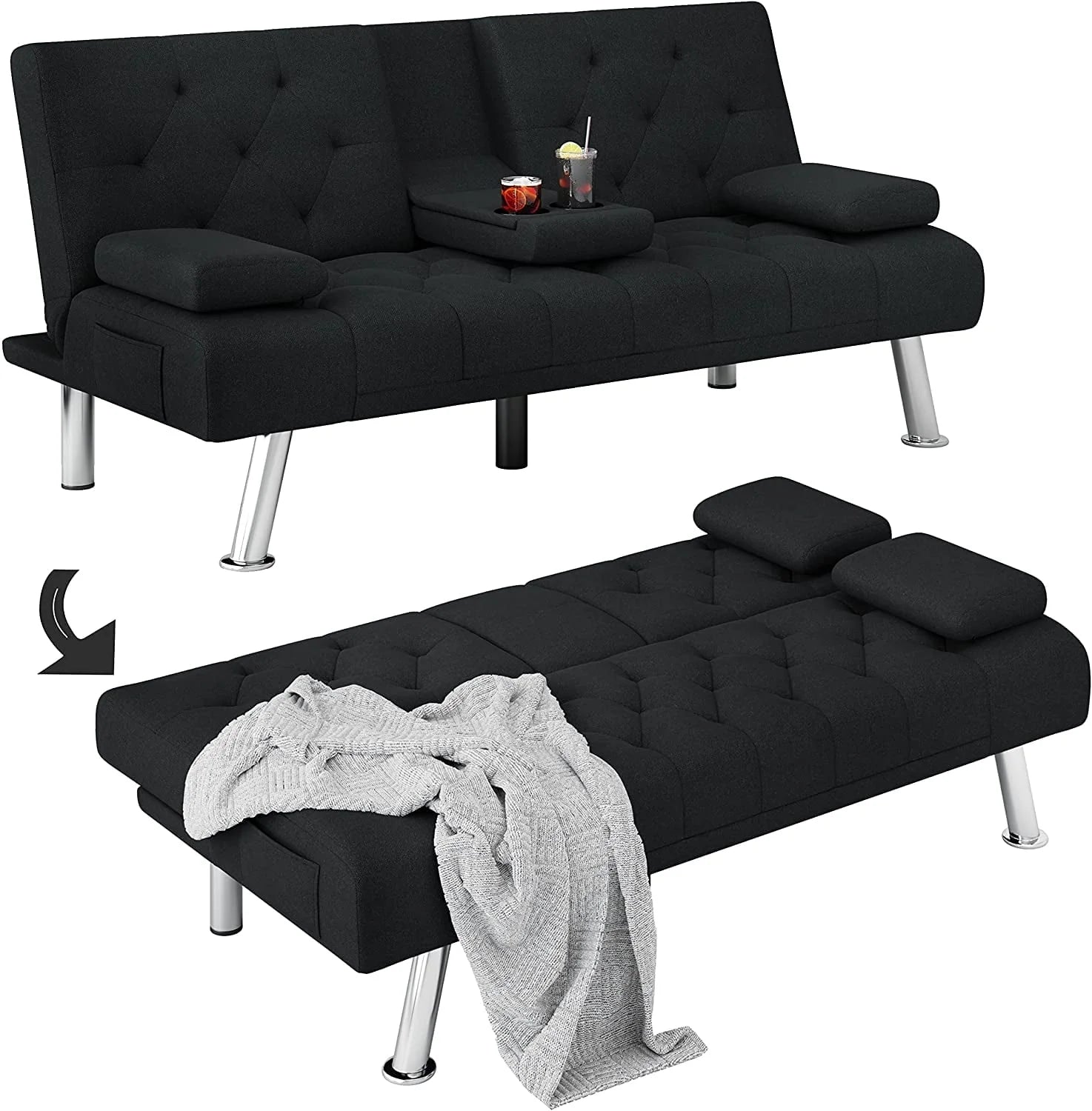 Homfa 66.3'' Upholstered Sofa Bed Couch, Convertible Futon Folding Sleeper Sofa with Removable Armrests and - Product image 8