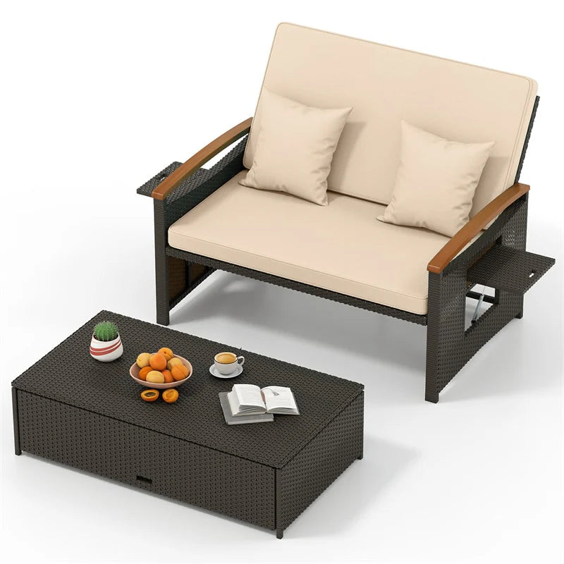 Patio Rattan Daybed with Adjustable Backrest, 2-Person Outdoor Wicker Loveseat with Storage Ottoman - Product image 11