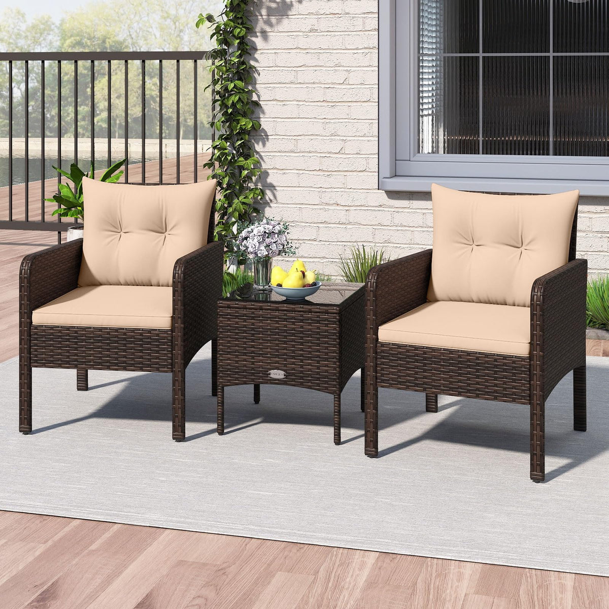 Tangkula 3 Piece Patio Bistro Set Rattan Wicker Outdoor Conversation Set with Cushions and Coffee Table - Product image 3