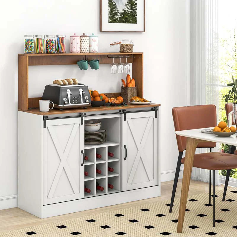 Farmhouse Coffee Bar Cabinet with Charging Station, 2 Sliding Barn Doors, 9-Bottle Wine Rack & Glass Holder - Product image 2