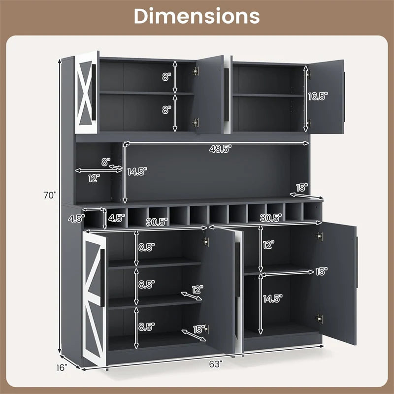 70" Farmhouse Pantry Cabinet, Kitchen Buffet Hutch with 12-Bottle Wine Rack, 8-Door Storage Cupboard - Product image 7
