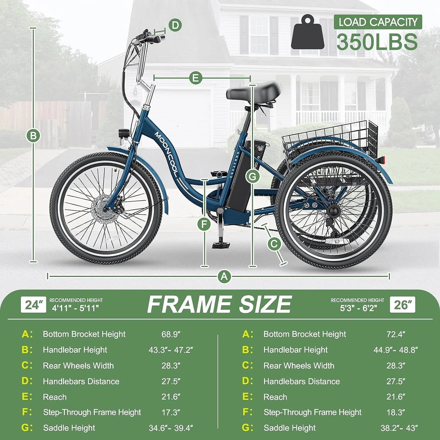 Mooncool 24" 26" 3 Wheel Electric Tricycle for Adults, 350W 36V 7 Speeds Motorized Electric Trike Three - Product image 6