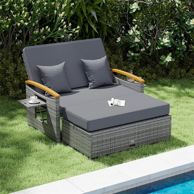 Patio Rattan Daybed with Adjustable Backrest, 2-Person Outdoor Wicker Loveseat with Storage Ottoman - Product image 39