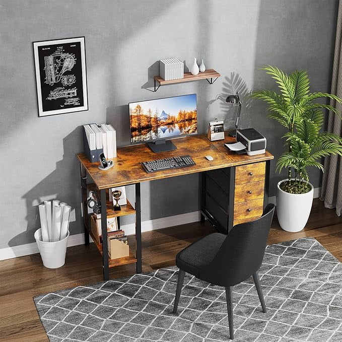 Lufeiya White Desk with Drawers & Storage Shelves, 47 in Study Work Writing Desk for Home Office Bedroom, Simple Modern Cute PC Computer Desks Table, White