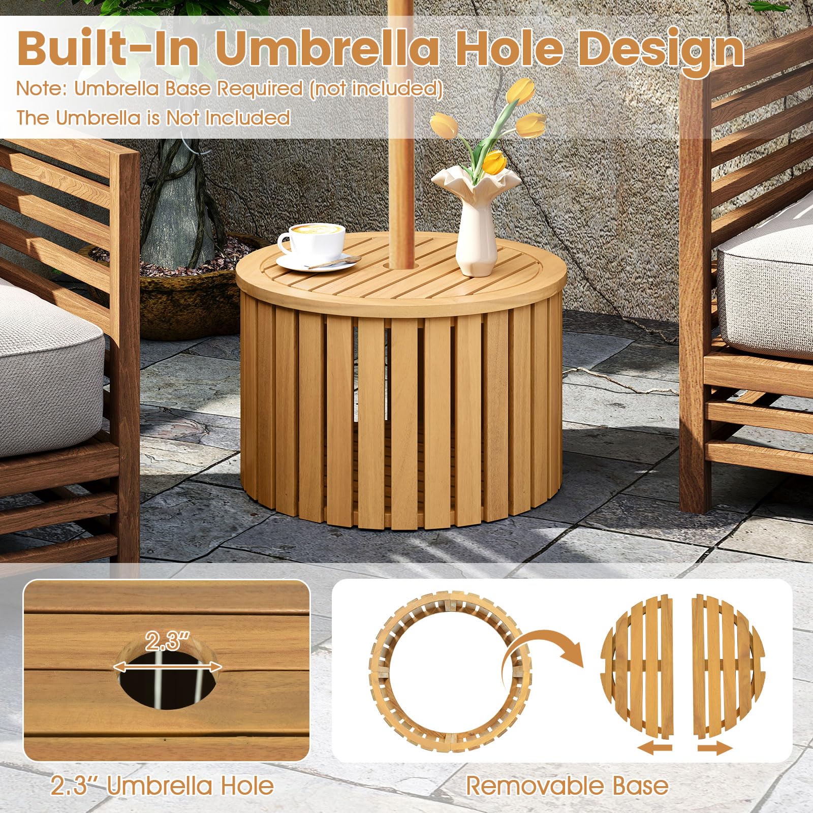 2-in-1 Outdoor Side Table with Storage Acacia Wood Slatted Coffee Table Round Slatted End Storage Box