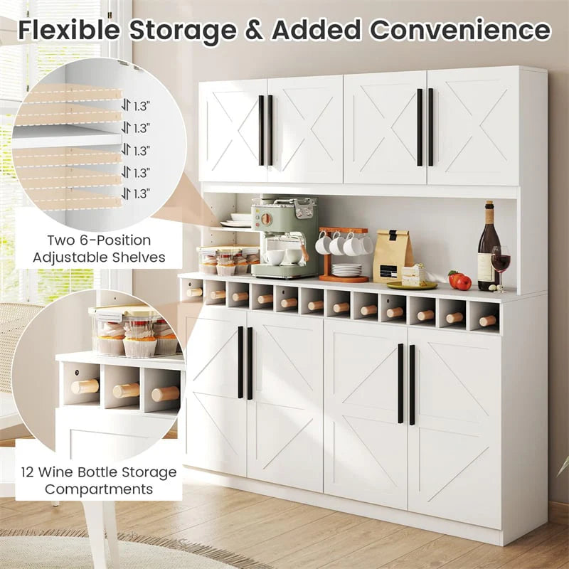70" Farmhouse Pantry Cabinet, Kitchen Buffet Hutch with 12-Bottle Wine Rack, 8-Door Storage Cupboard - Product image 19