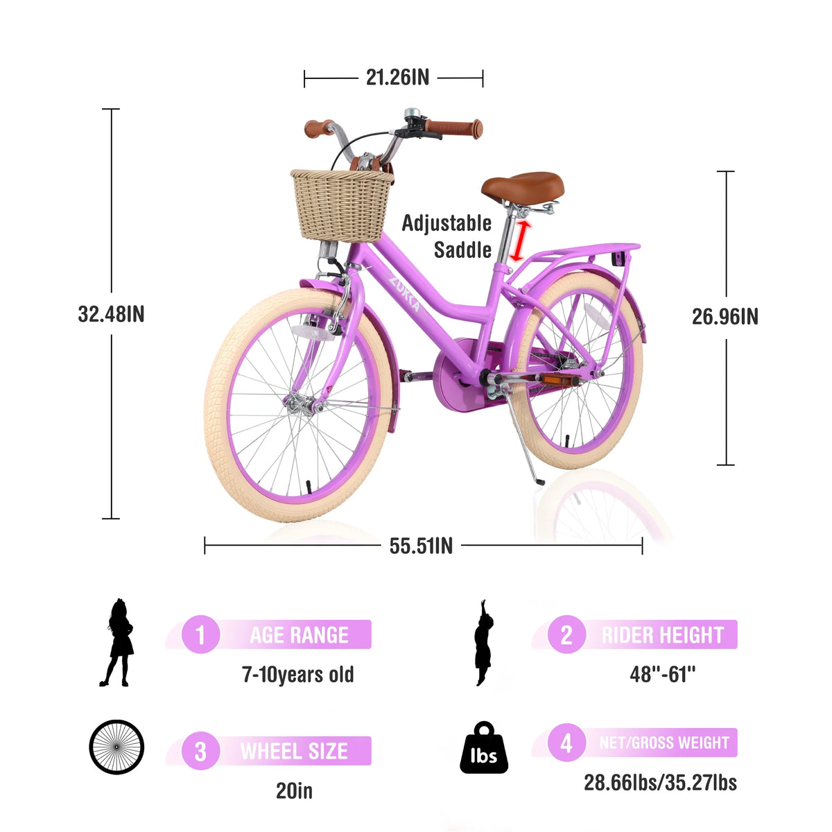 20" Kids Bike Girls Bike with Basket Single Speed Steel Frame Children Bicycle for 7 - 10 Years, Pink - Product image 12
