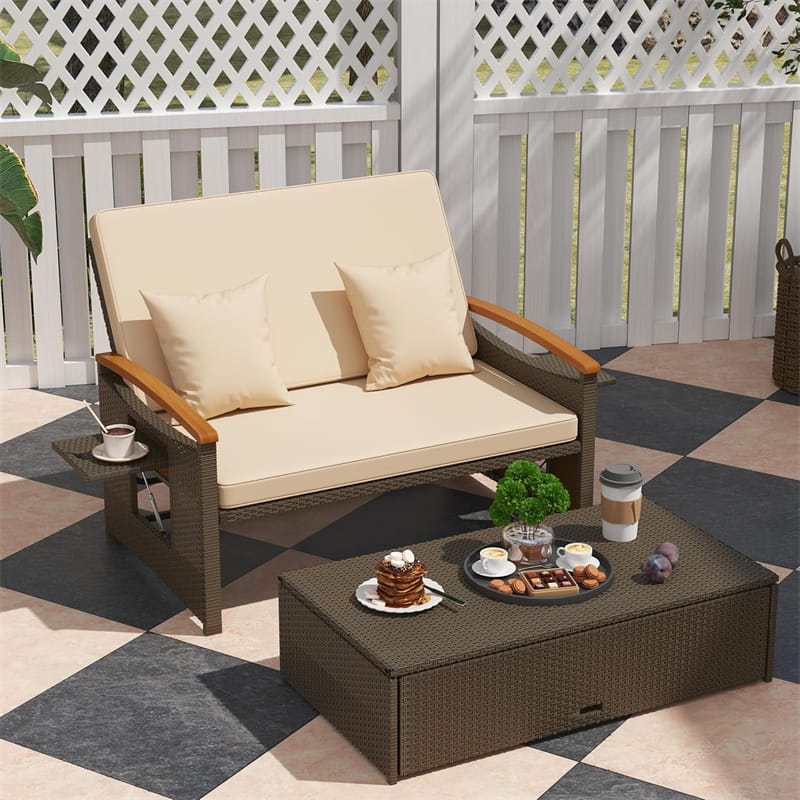 Patio Rattan Daybed with Adjustable Backrest, 2-Person Outdoor Wicker Loveseat with Storage Ottoman - Product image 1