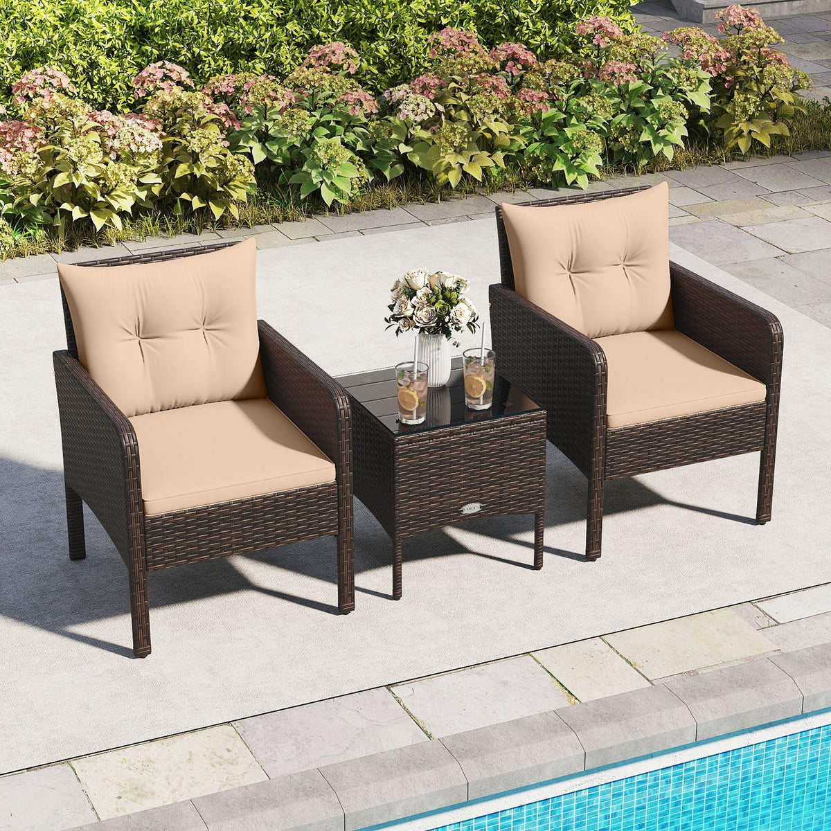 Tangkula 3 Piece Patio Bistro Set Rattan Wicker Outdoor Conversation Set with Cushions and Coffee Table - Product image 4