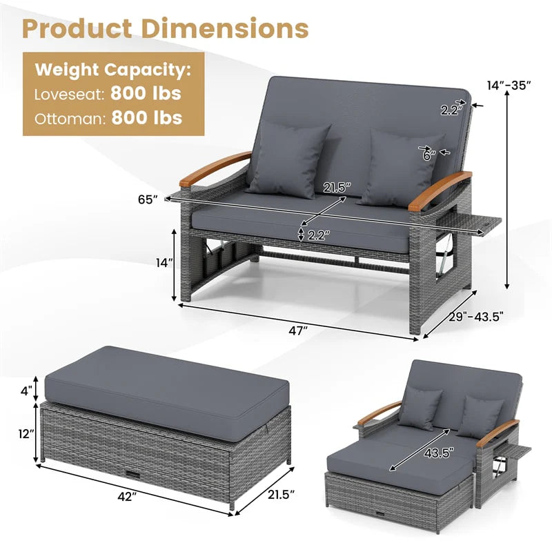 Patio Rattan Daybed with Adjustable Backrest, 2-Person Outdoor Wicker Loveseat with Storage Ottoman - Product image 44