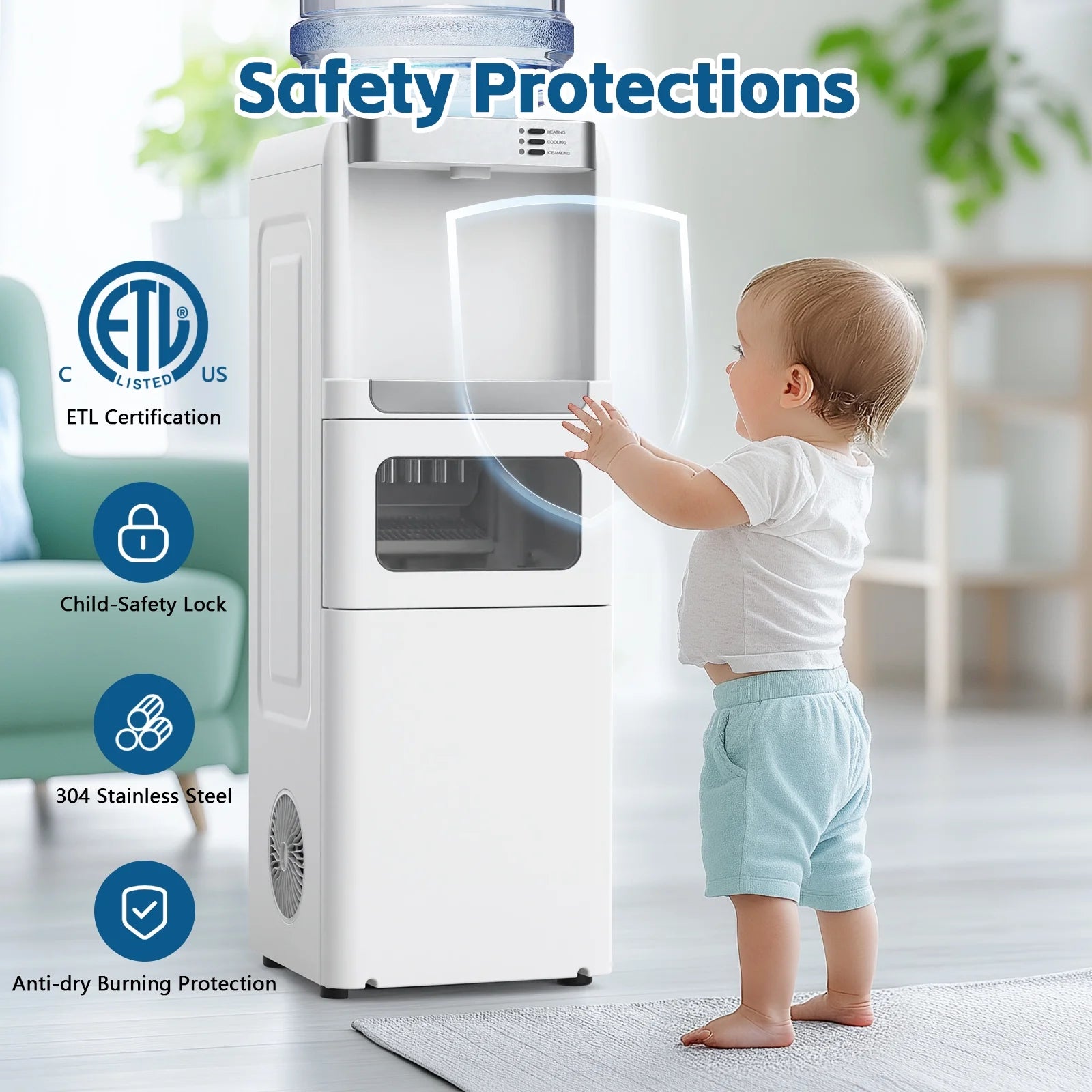 Advwin 3 - in - 1 Water Dispenser with Ice Maker, 33 lb/24H, Top Loading 3 or 5 Gallon, Water Cooler Dispenser for Home Office, Hot & Cold Water Dispenser, Child Lock