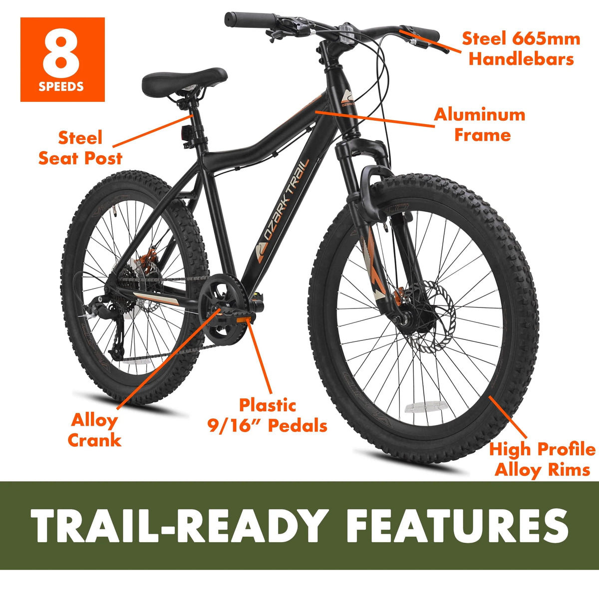 Ozark Trail 24" Glide Mountain Bike, 8 Speed, Black, Teen, Unisex - Product image 4