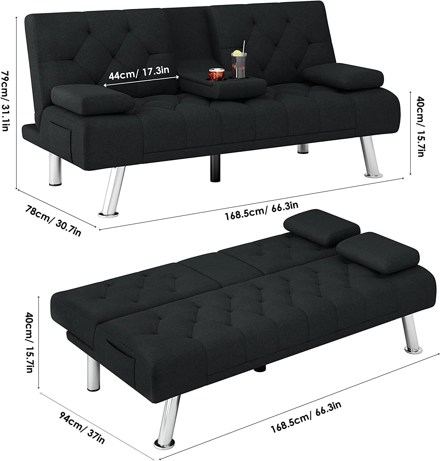 Homfa 66.3'' Upholstered Sofa Bed Couch, Convertible Futon Folding Sleeper Sofa with Removable Armrests and - Product image 4