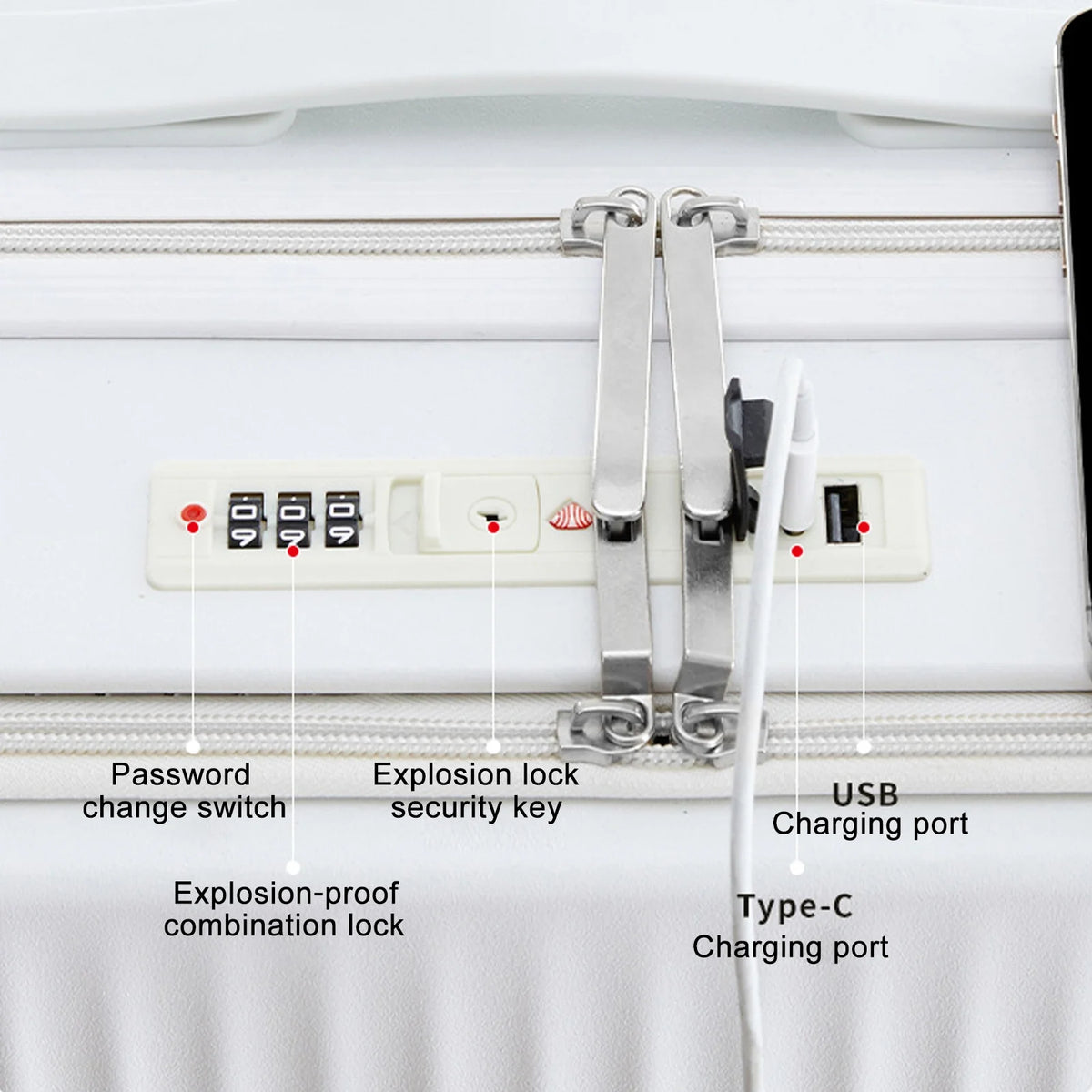 24 in Checked Luggage with Front Pocket, USB Charging Port, Built - in Lock Carry on Suitcase, Cup Holder and Phone Holder, Medium Hardside Suitcase with Spinner Wheels, White