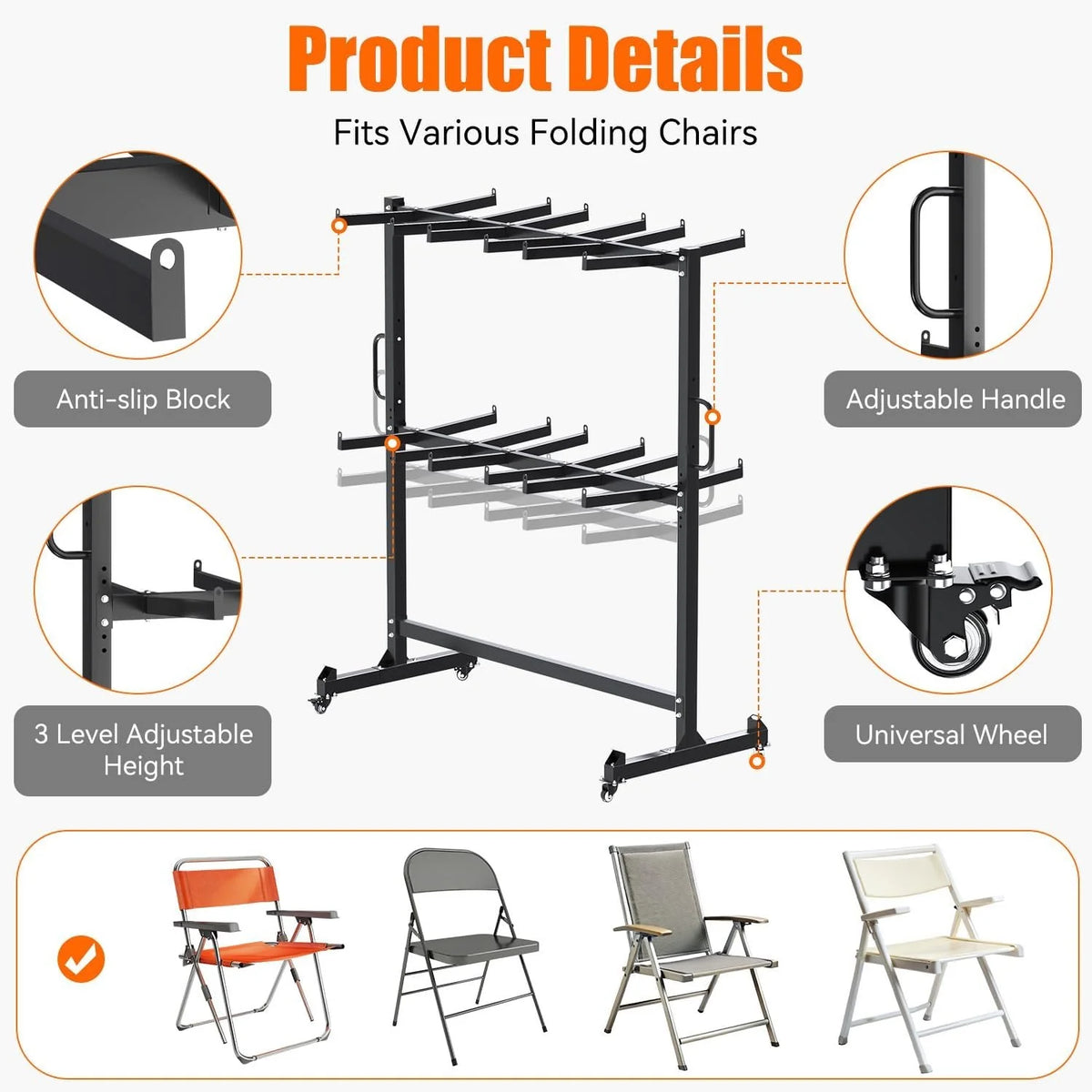 AECOJOY Folding Chair Rack, Heavy Duty 1080LBS Weight Capacity Chair Cart for 84 Chairs or 12 Tables - Product image 5
