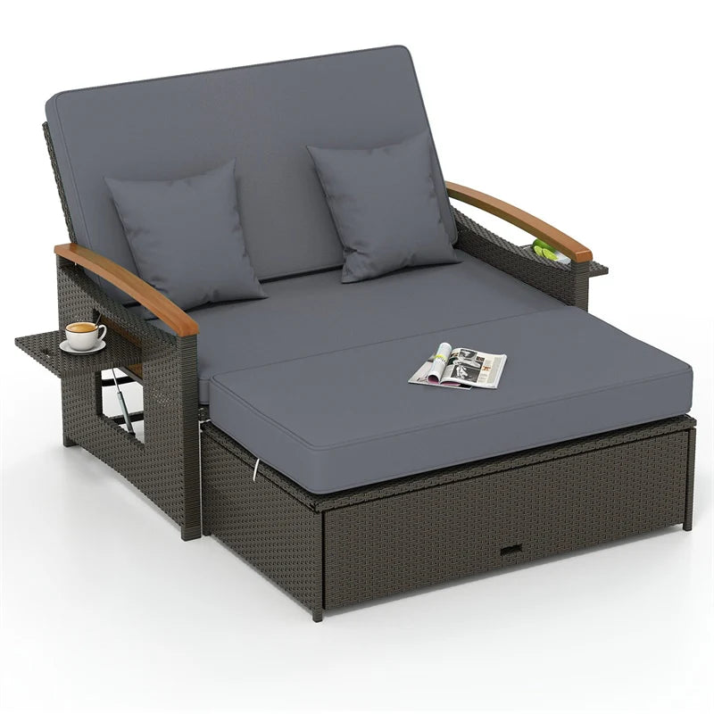 Patio Rattan Daybed with Adjustable Backrest, 2-Person Outdoor Wicker Loveseat with Storage Ottoman - Product image 13