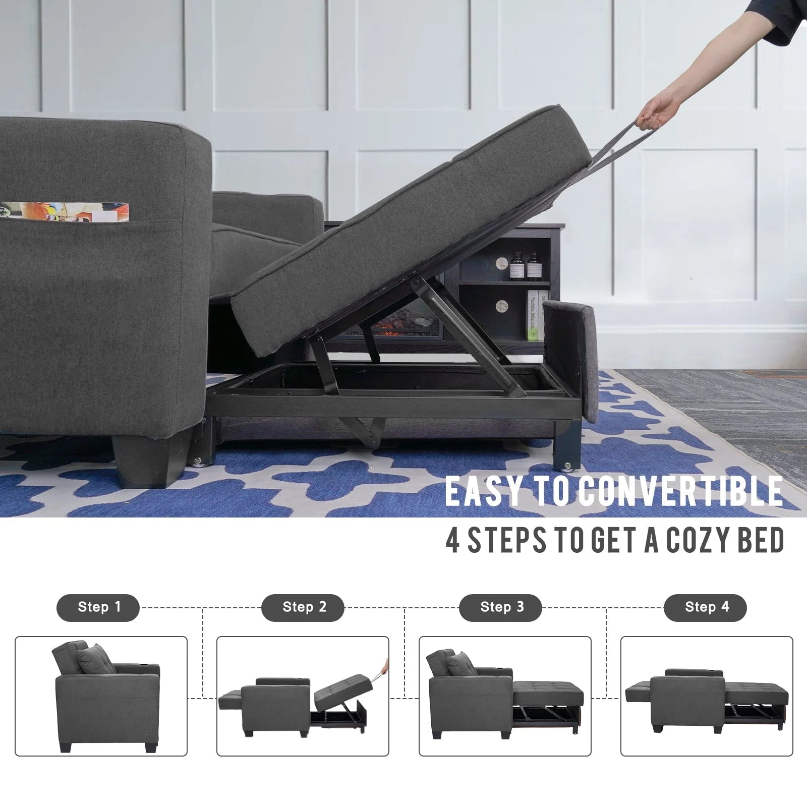 DURASPACE 3 in 1 Convertible Sleeper Chair Bed with Usb Port, Linen Pull Out Chair Indoor, Dark Gray - Product image 4