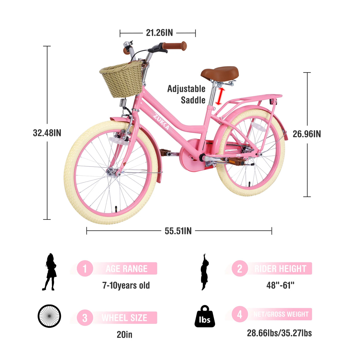 20" Kids Bike Girls Bike with Basket Single Speed Steel Frame Children Bicycle for 7 - 10 Years, Pink - Product image 6