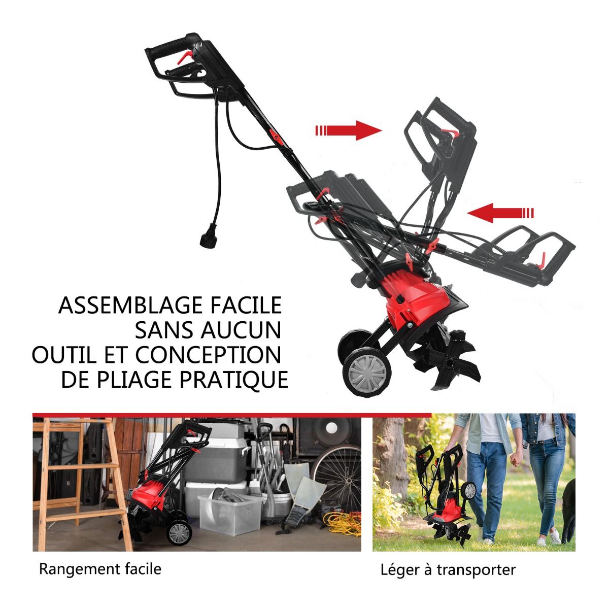 Electric Tiller 1200W Working Depth 22CM Width 35CM with Foldable Handle Adjustable Wheels 4 Blades -