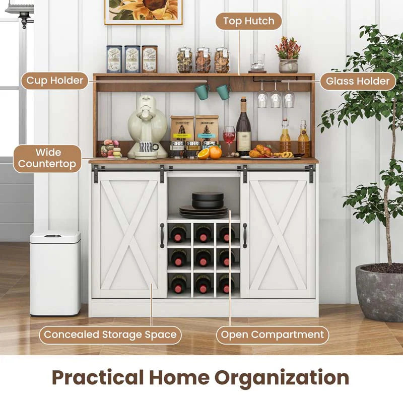 Farmhouse Coffee Bar Cabinet with Charging Station, 2 Sliding Barn Doors, 9-Bottle Wine Rack & Glass Holder - Product image 7