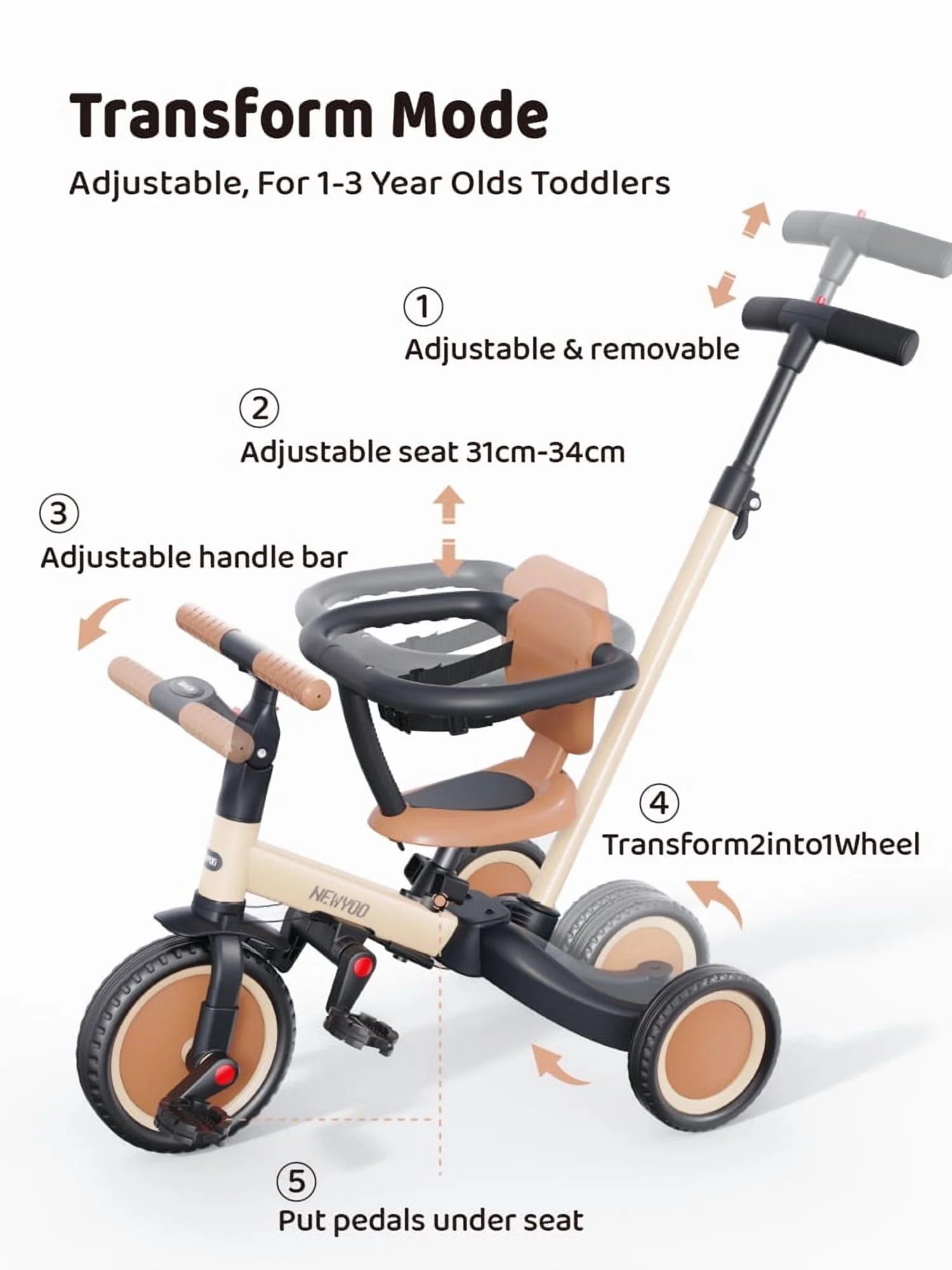 Newyoo TR008 5 - in - 1 Toddler Tricycle with Push Handle, Converts to Balance Bike for 1 - 3 Year Old - Product image 4