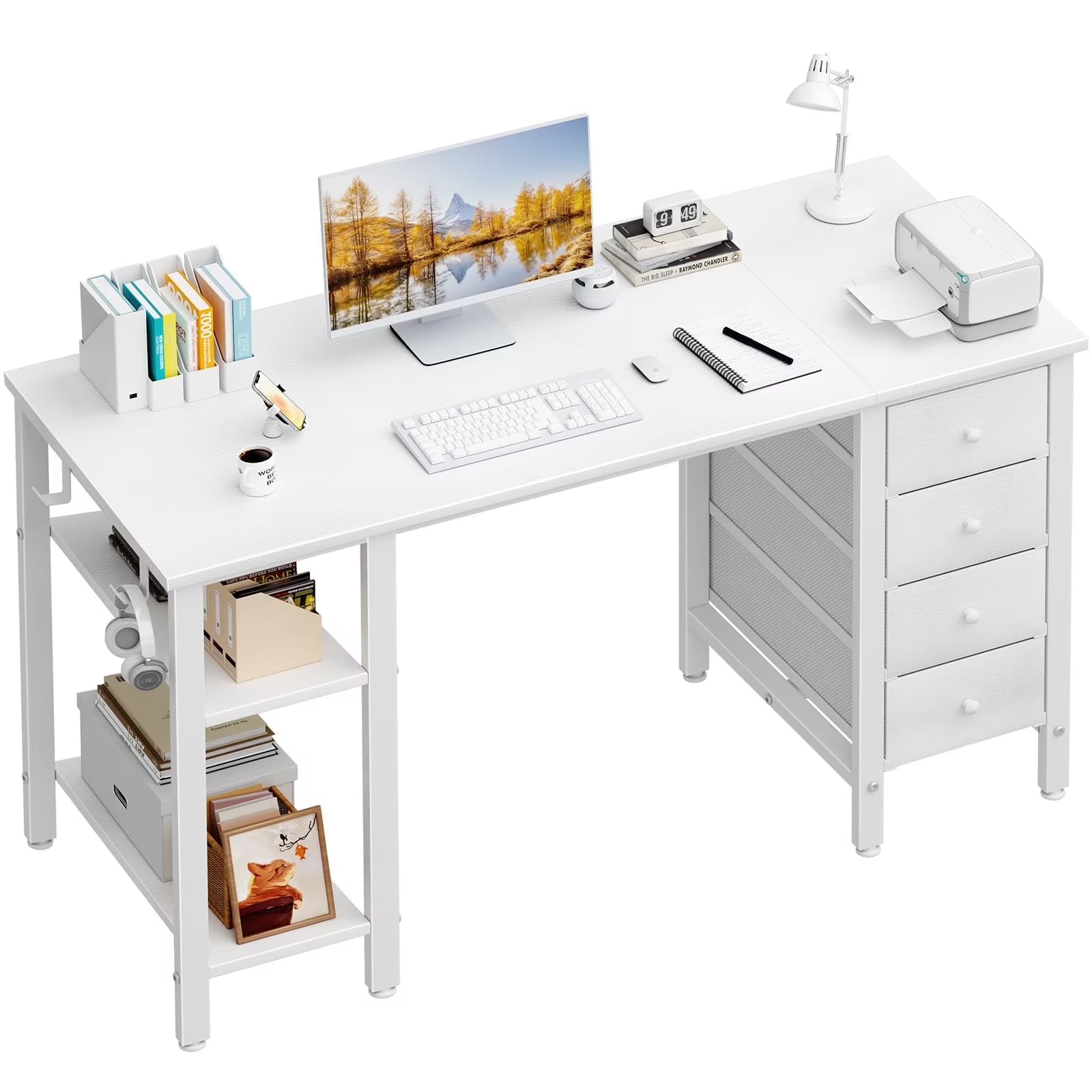 Lufeiya White Desk with Drawers & Storage Shelves, 47 in Study Work Writing Desk for Home Office Bedroom, Simple Modern Cute PC Computer Desks Table, White