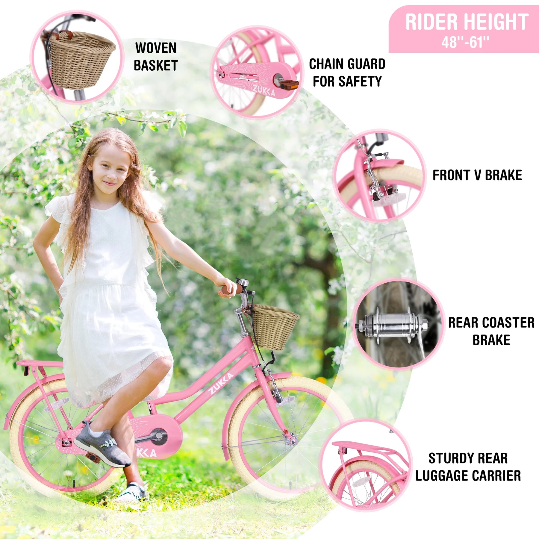 20" Kids Bike Girls Bike with Basket Single Speed Steel Frame Children Bicycle for 7 - 10 Years, Pink - Product image 7