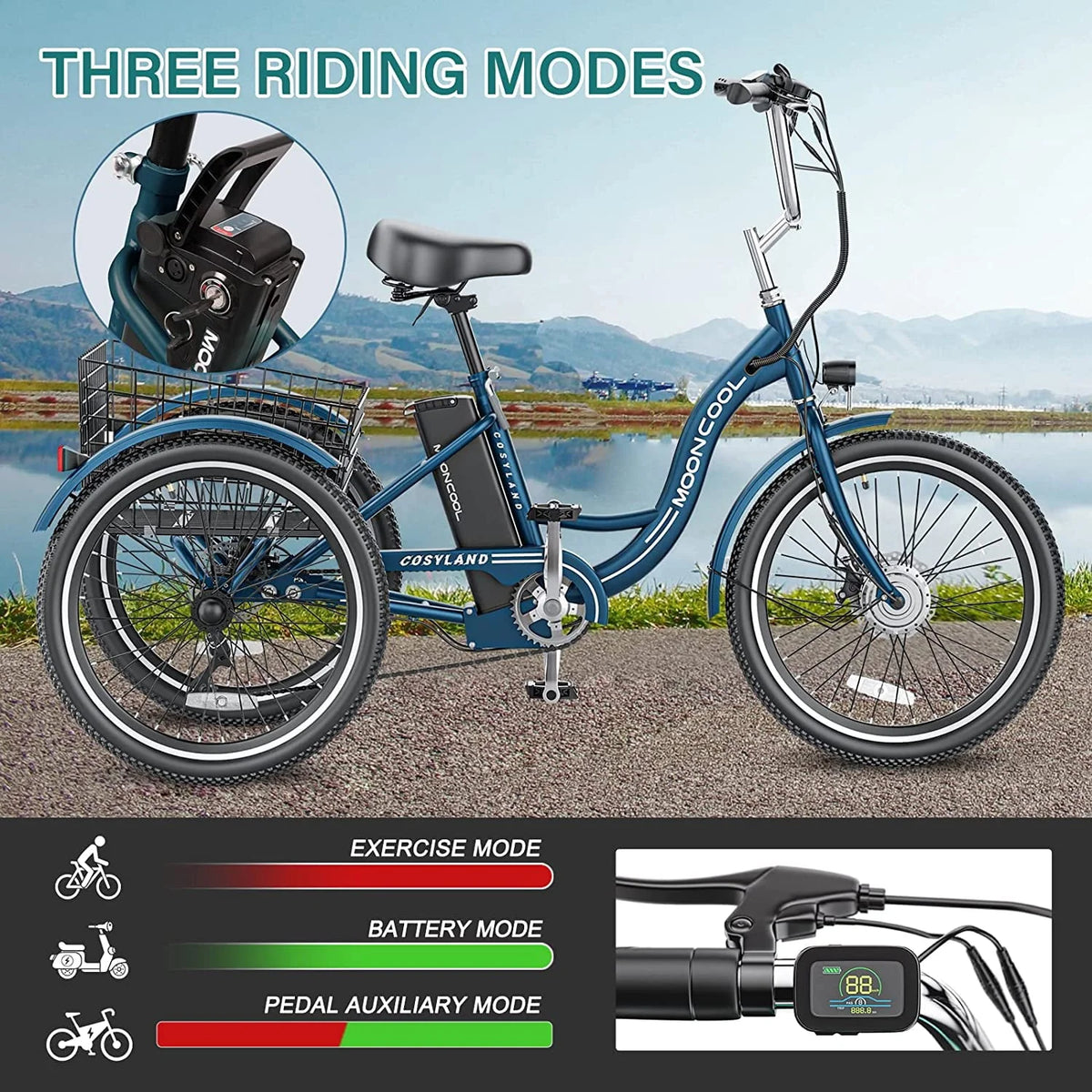 Mooncool 24" 26" 3 Wheel Electric Tricycle for Adults, 350W 36V 7 Speeds Motorized Electric Trike Three - Product image 10