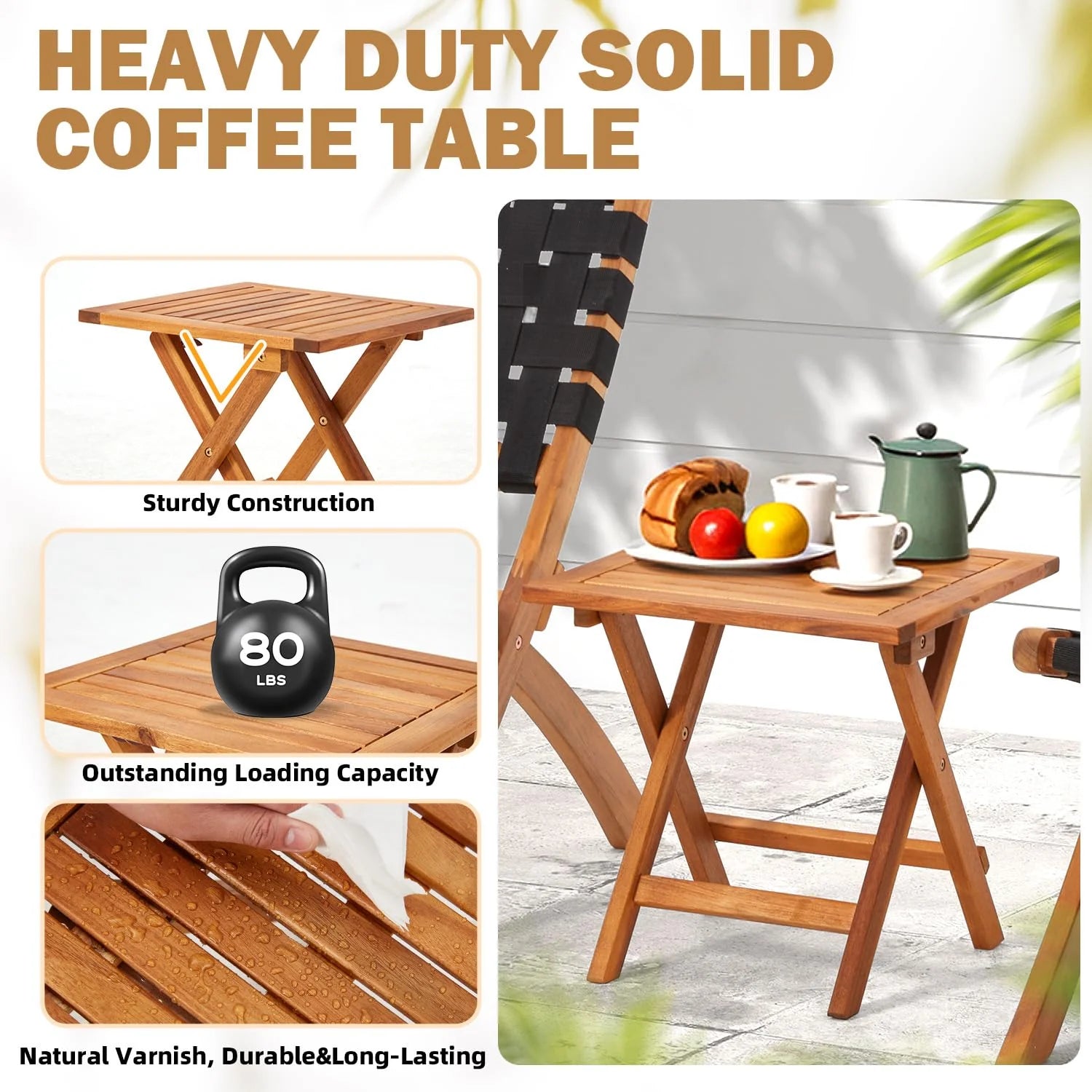 AECOJOY 3 Piece Patio Furniture Set, Acacia Wood Outdoor Bistro Set with Coffee Table & Folding Chairs - Product image 5