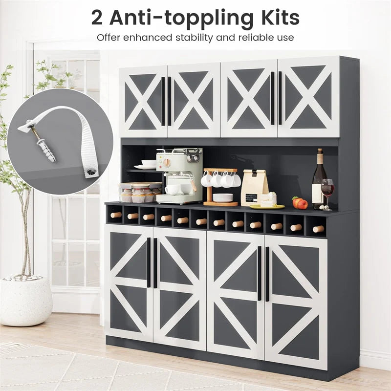 70" Farmhouse Pantry Cabinet, Kitchen Buffet Hutch with 12-Bottle Wine Rack, 8-Door Storage Cupboard - Product image 10