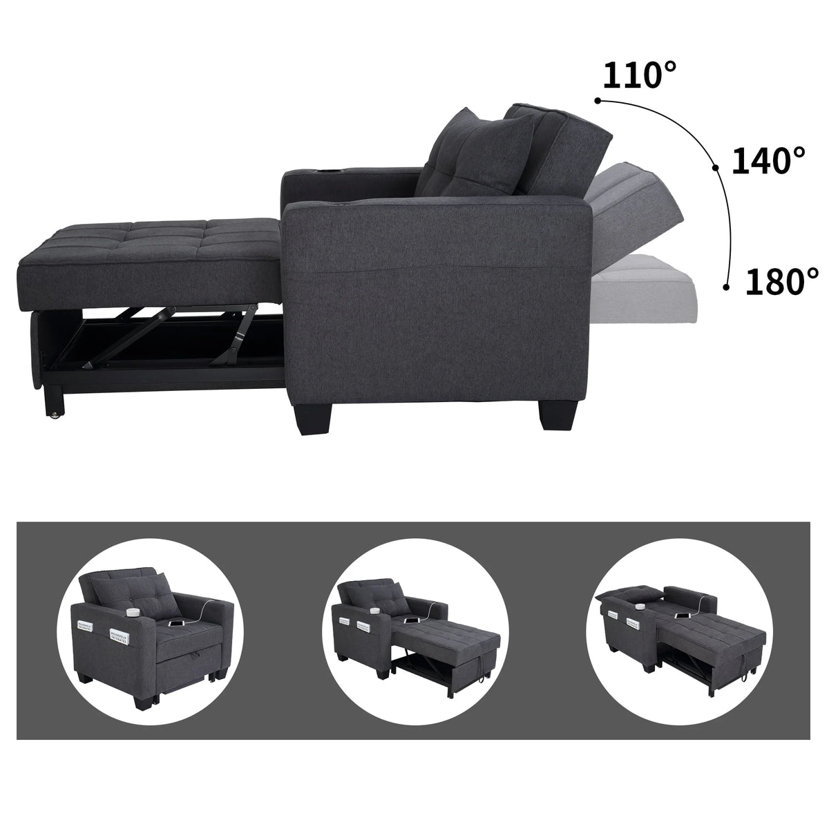 DURASPACE 3 in 1 Convertible Sleeper Chair Bed with Usb Port, Linen Pull Out Chair Indoor, Dark Gray - Product image 5