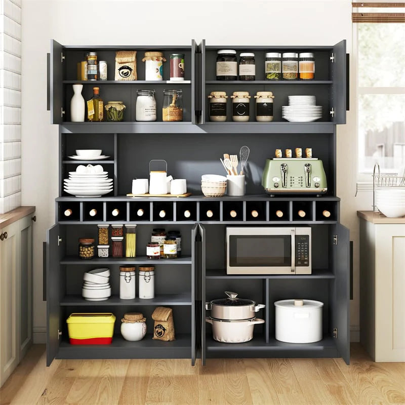 70" Farmhouse Pantry Cabinet, Kitchen Buffet Hutch with 12-Bottle Wine Rack, 8-Door Storage Cupboard - Product image 6